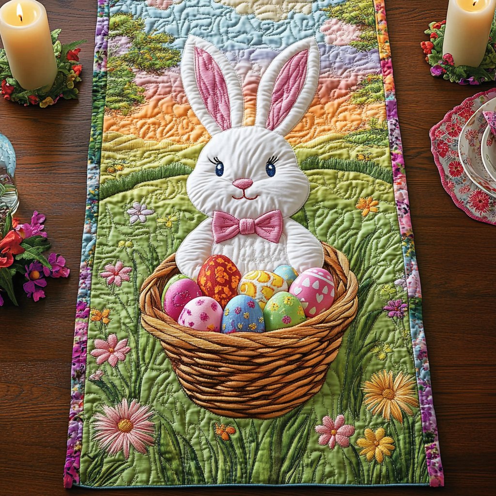 White Bunny Holding an Egg Basket Table Runner
