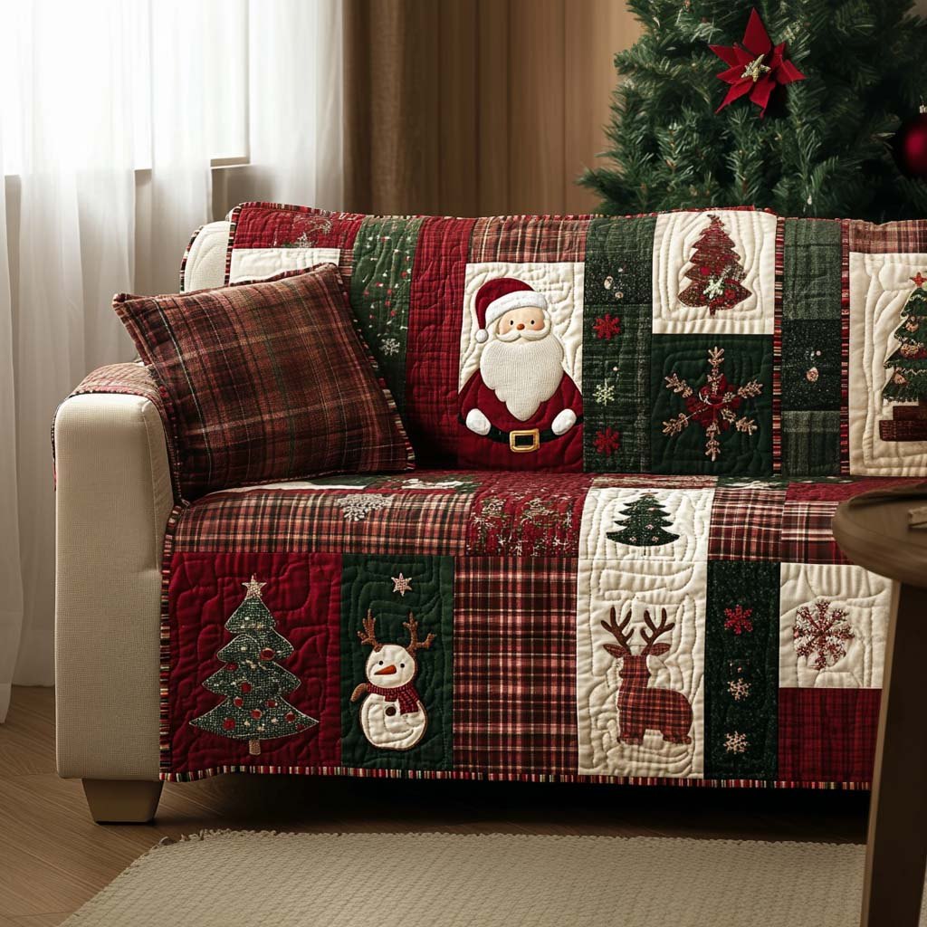 Santa and Reindeer on Red Plaid Sofa Cover