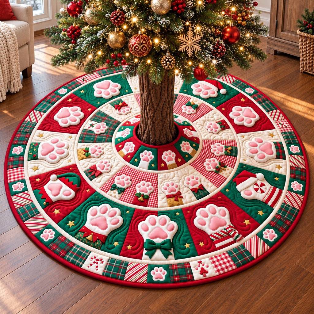 Pink Paw Print Christmas Tree Skirt