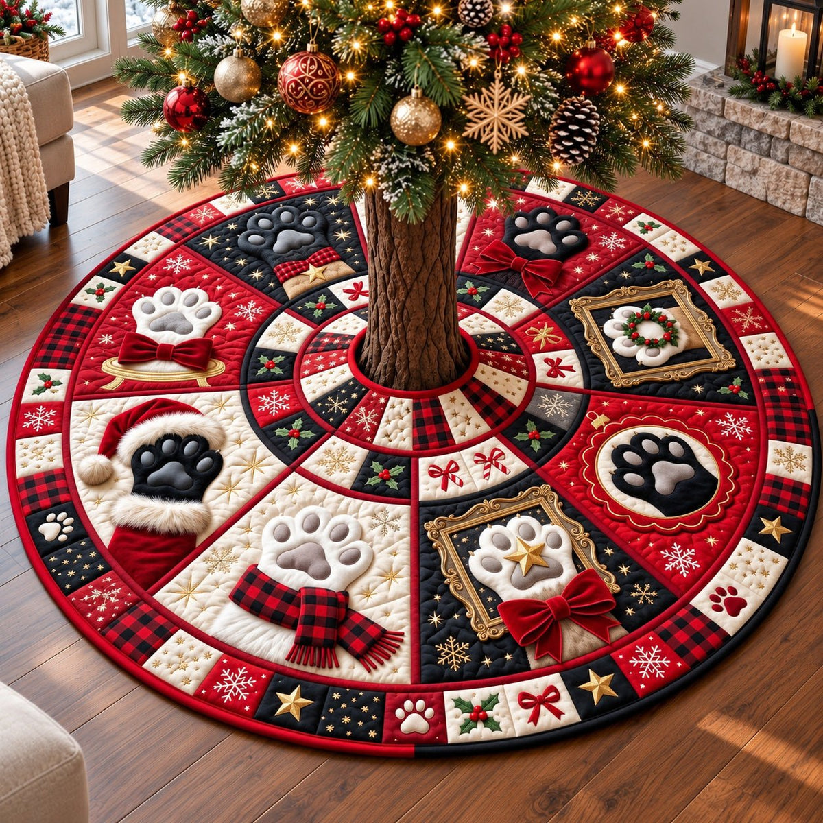 Plaid Stocking Paws Christmas Tree Skirt