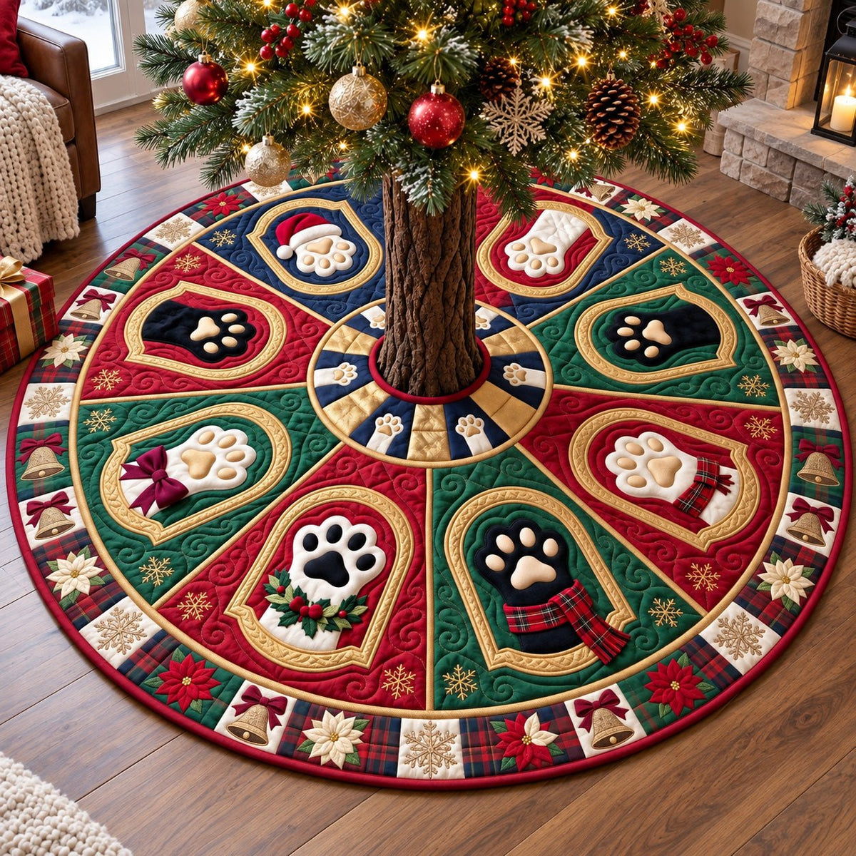 Green Wreath Paws Christmas Tree Skirt