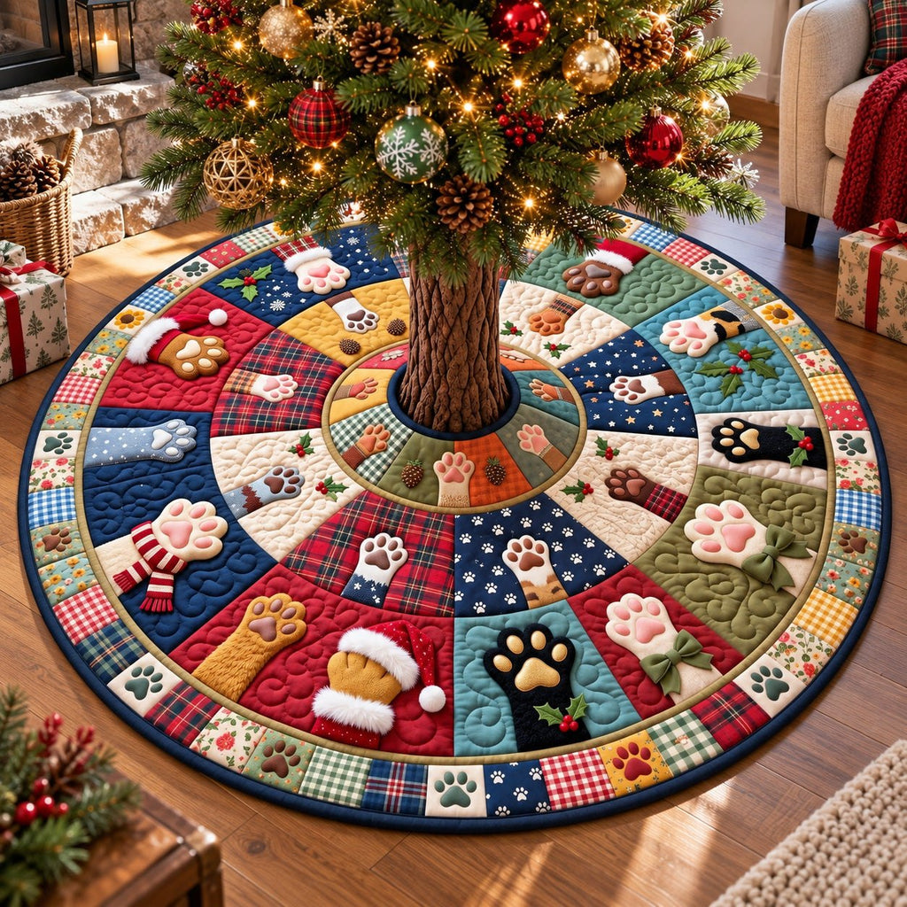 Patchwork Rainbow Paws Christmas Tree Skirt