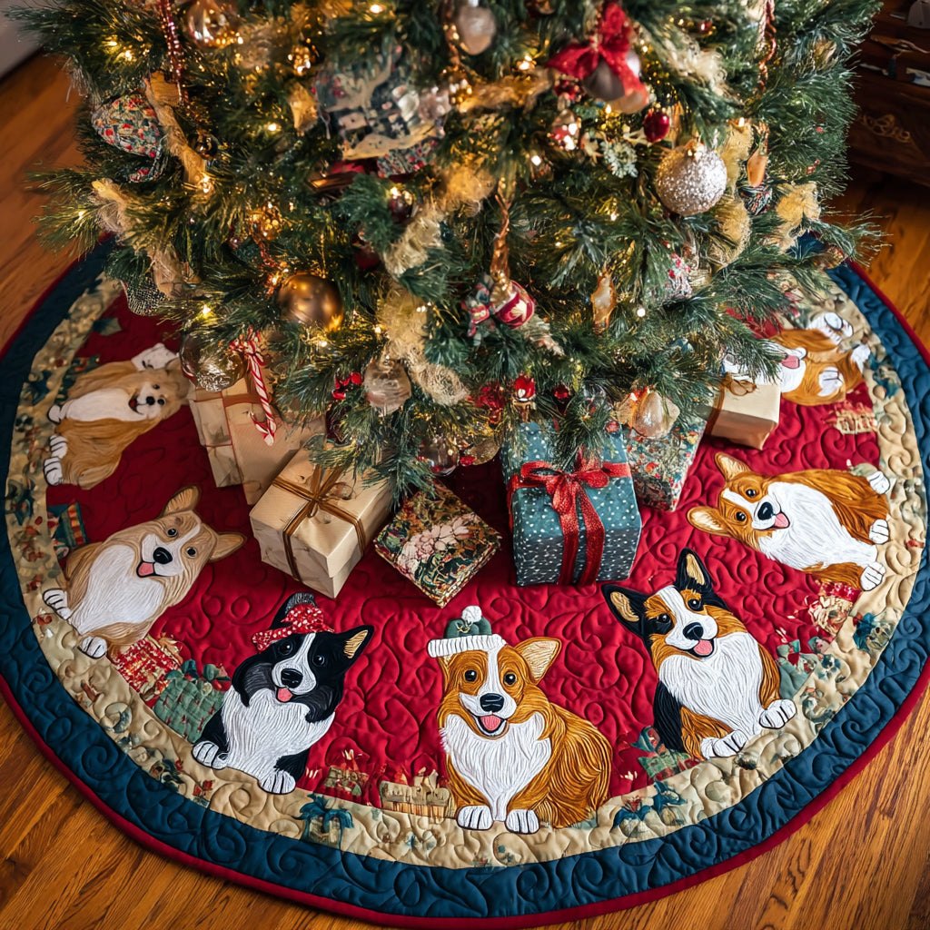 Corgi and Friends on Red Christmas Tree Skirt