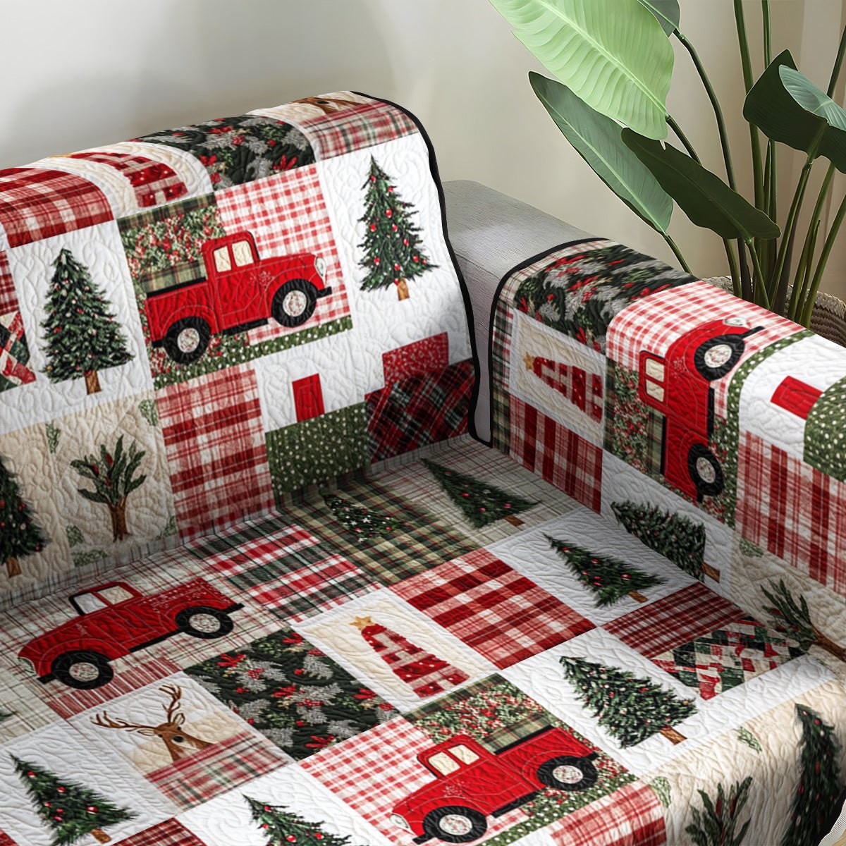 Red Truck and Pine on Plaid Sofa Cover