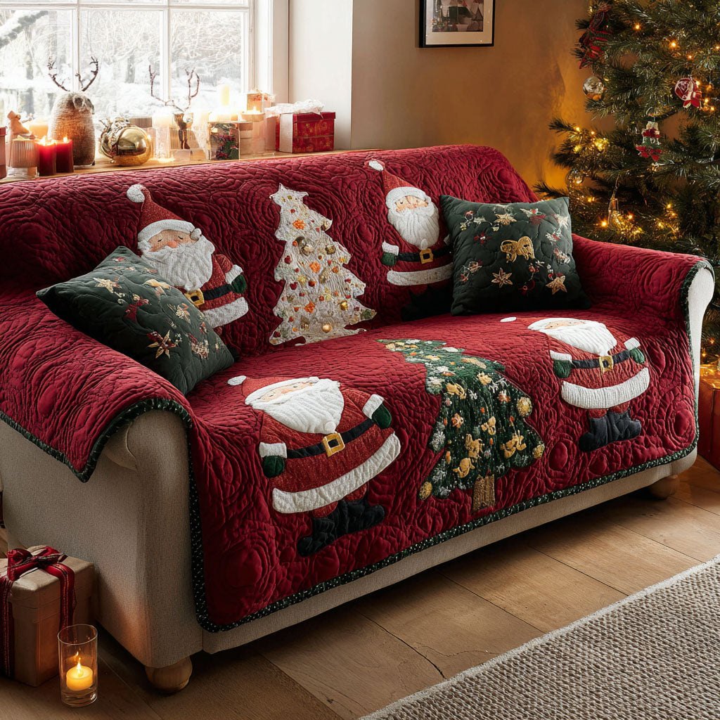 Santa Faces on Red and Green Sofa Cover