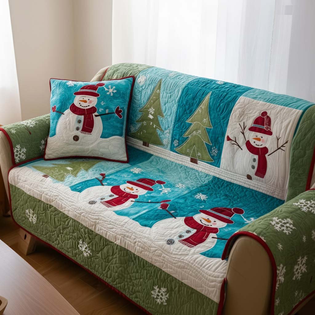 Snowmen on Turquoise Blocks Sofa Cover