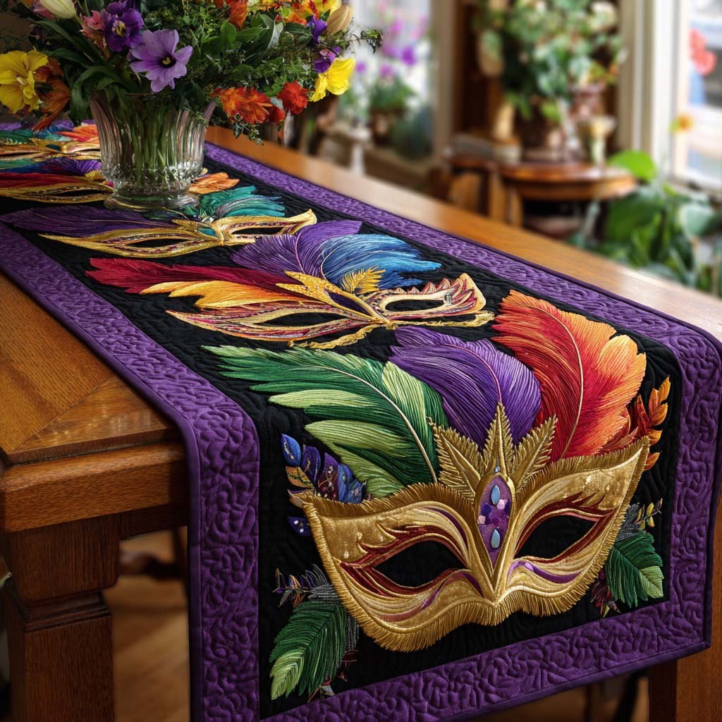 Gold Mask with Bright Feathers Table Runner