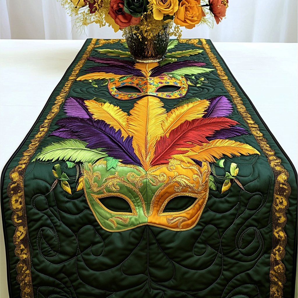 Green Mask with Yellow Feathers Table Runner