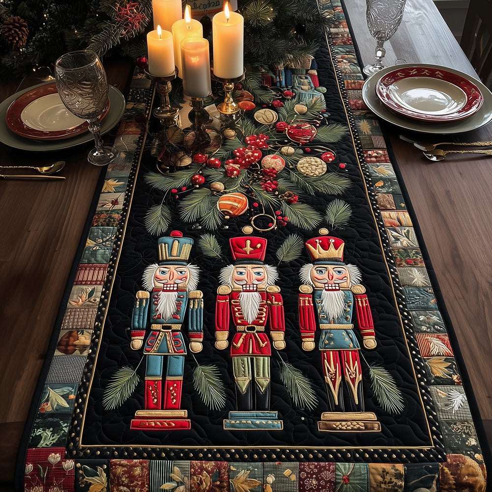 Nutcrackers on Black with Holly Table Runner