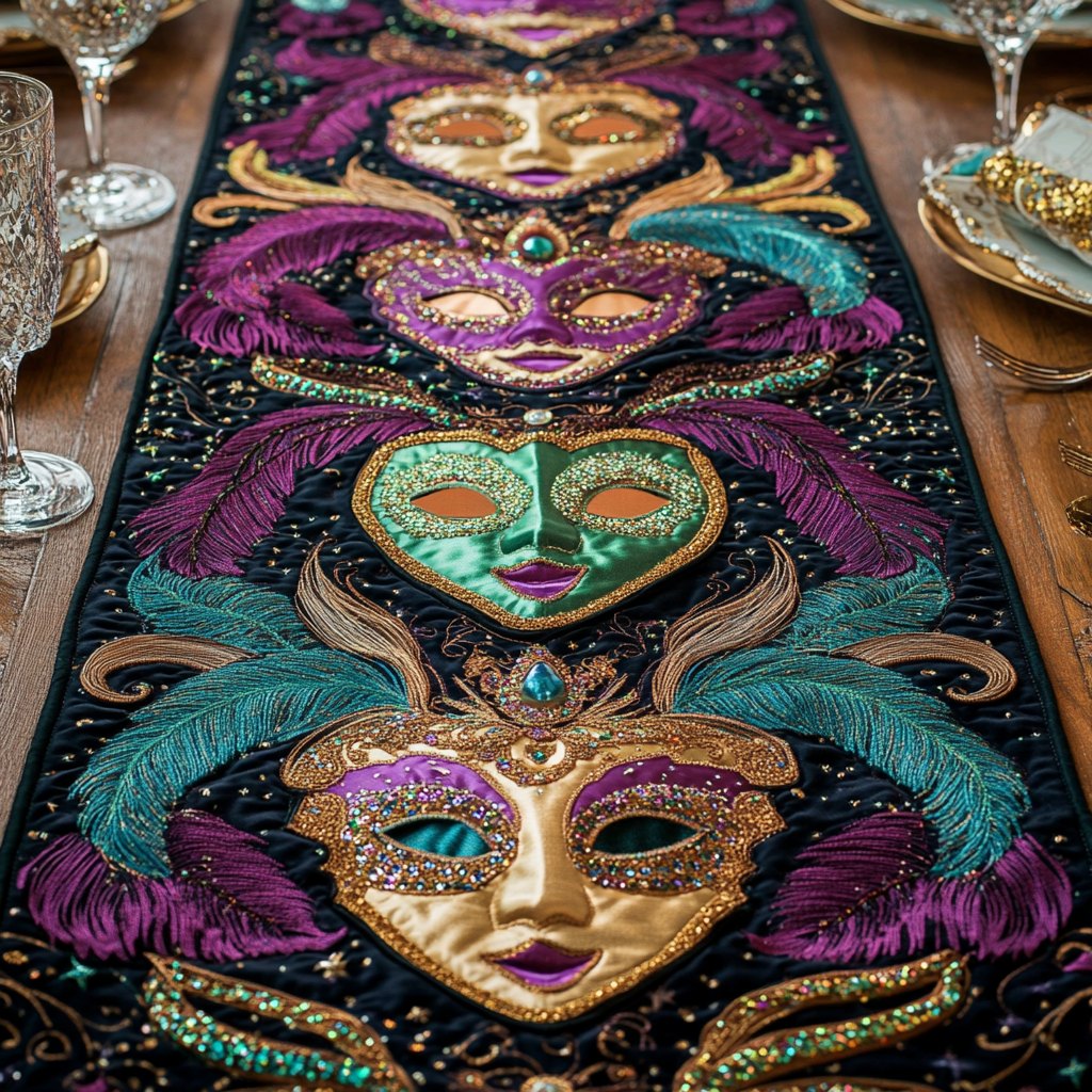 Green and Gold Masks with Purple Plumes Table Runner