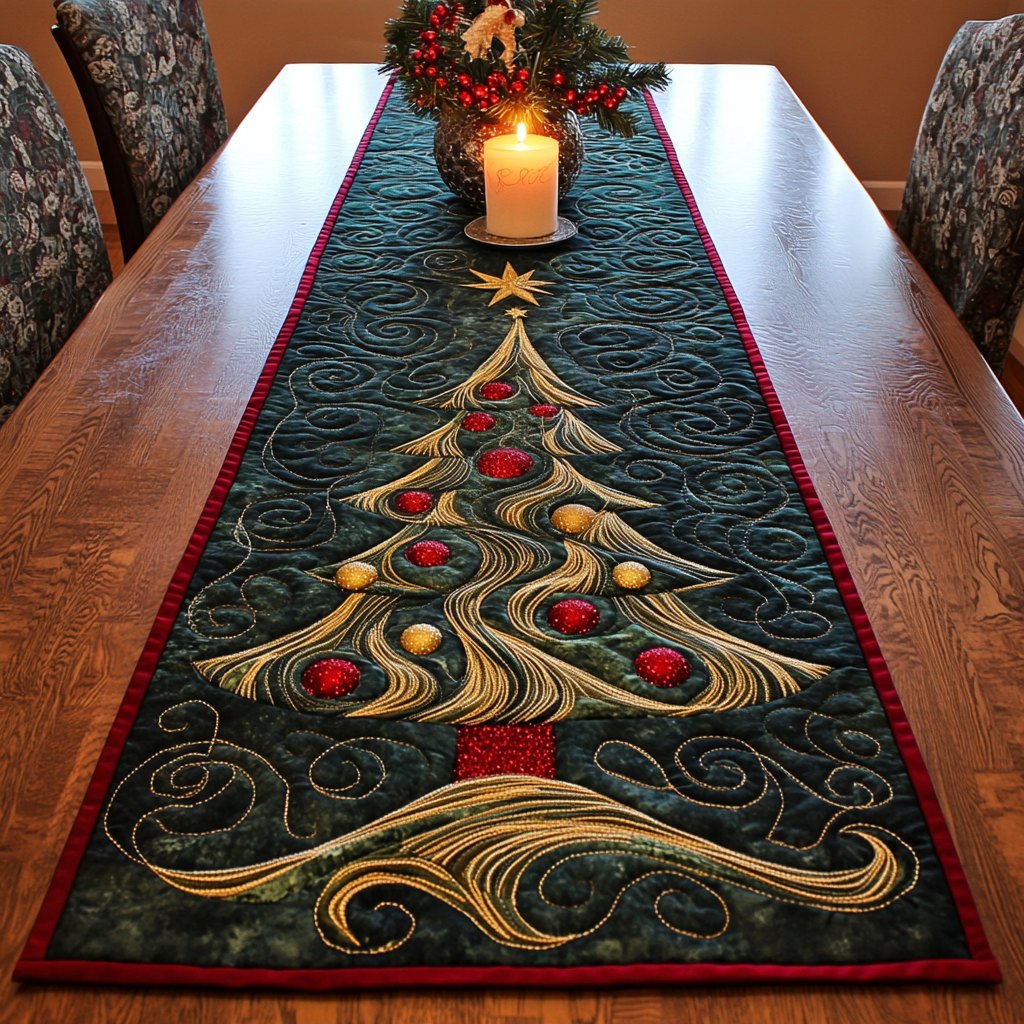 Gold Swirl Tree on Dark Green Table Runner