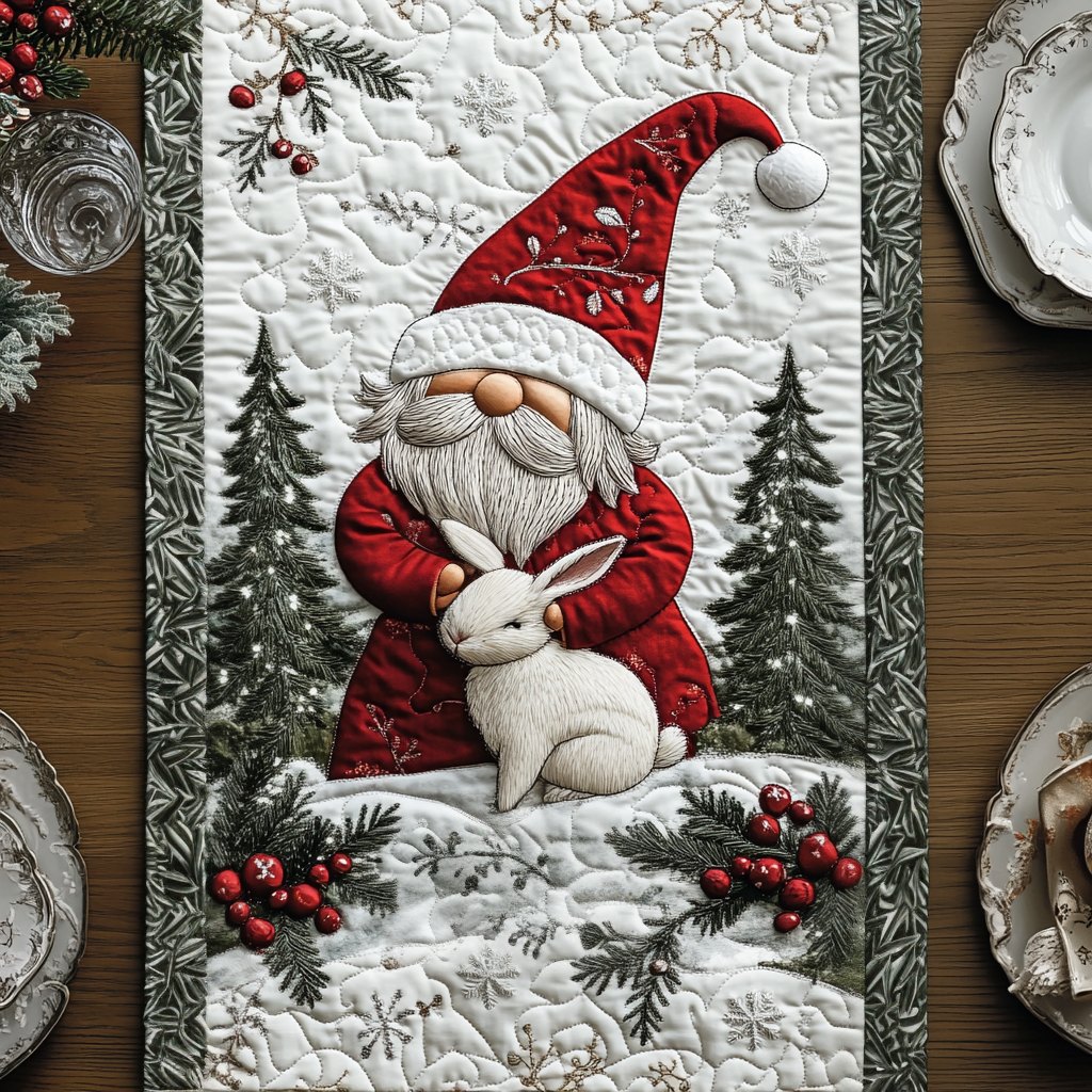 Gnome with a White Rabbit in Snow Table Runner