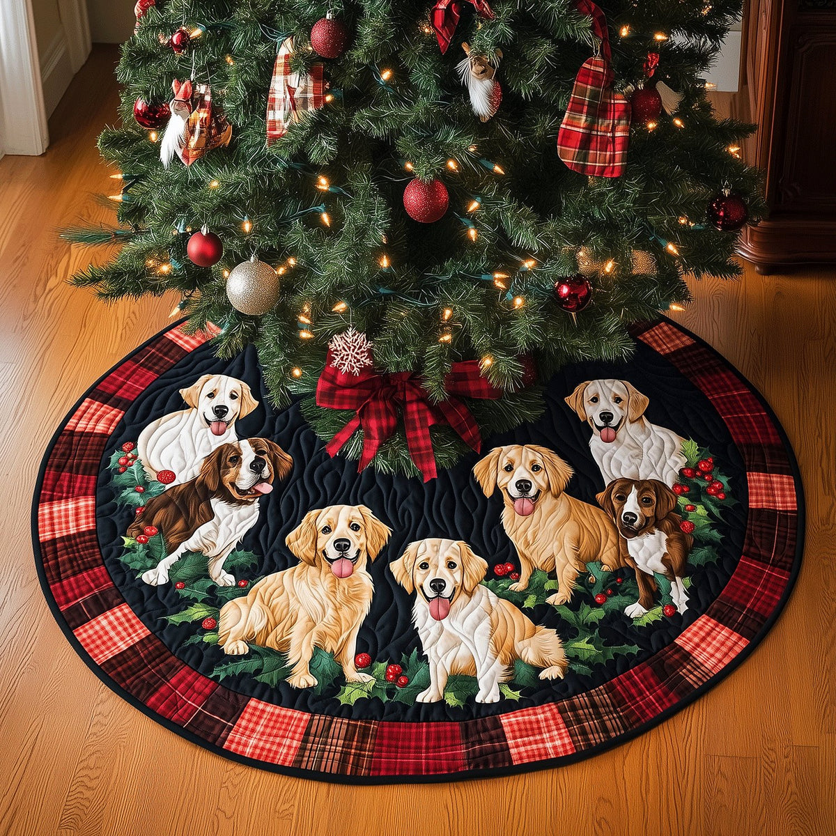 Puppy Litter in a Plaid Ring Christmas Tree Skirt