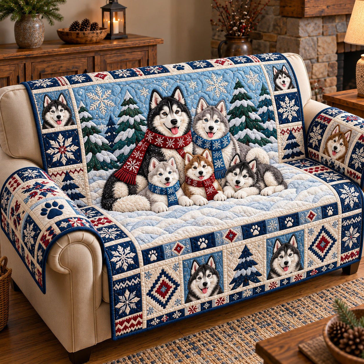 Festive Husky Family Sofa Cover