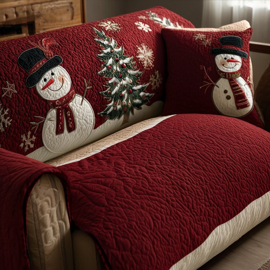 Snowman Beside the Deep Red Quilt Sofa Cover