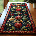 Red and Gold Ornaments on Black Table Runner