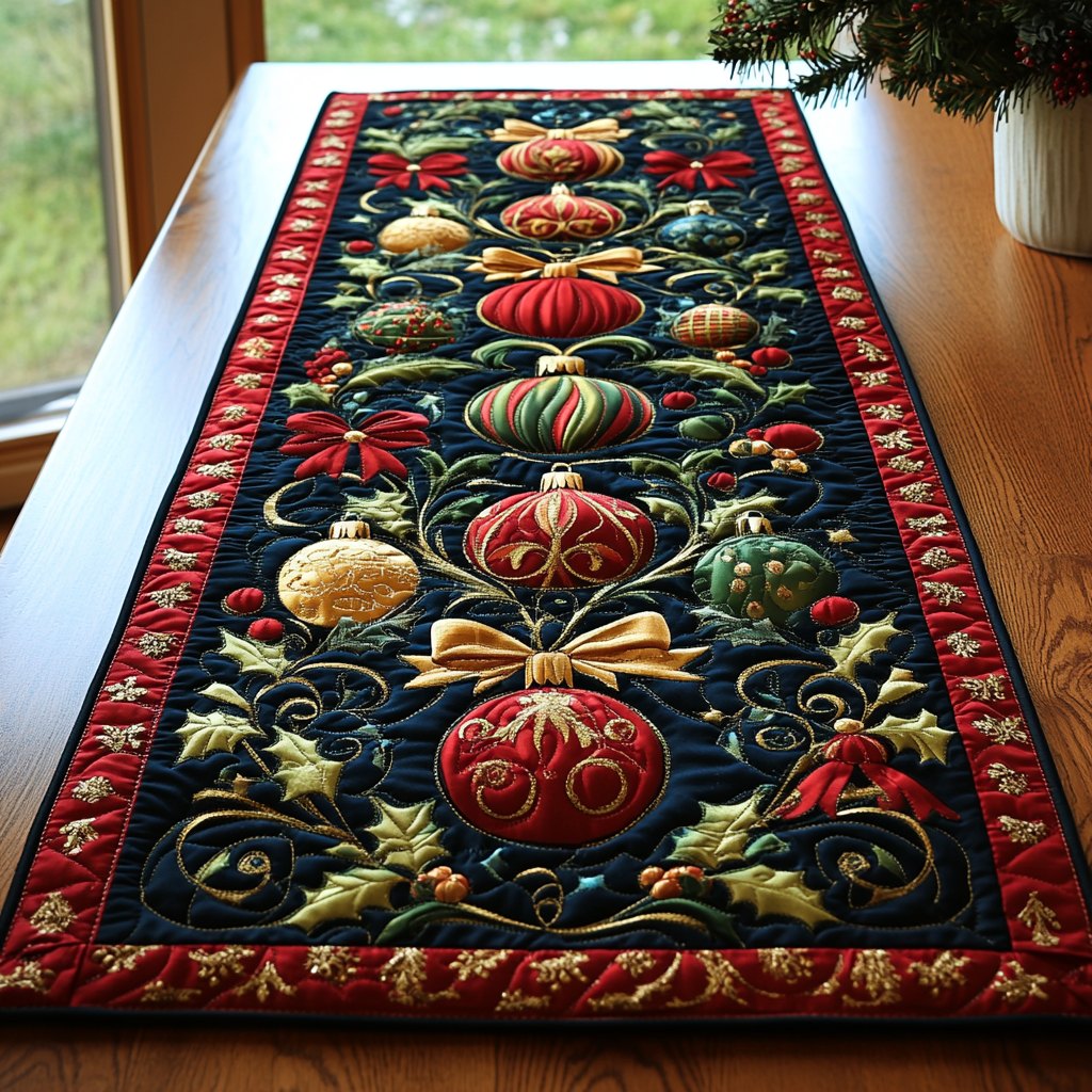 Red and Gold Ornaments on Black Table Runner