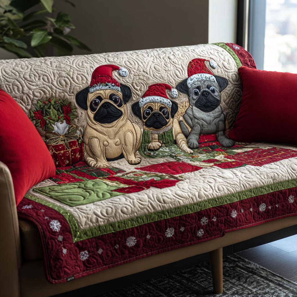 Festive Pug Trio Sofa Cover