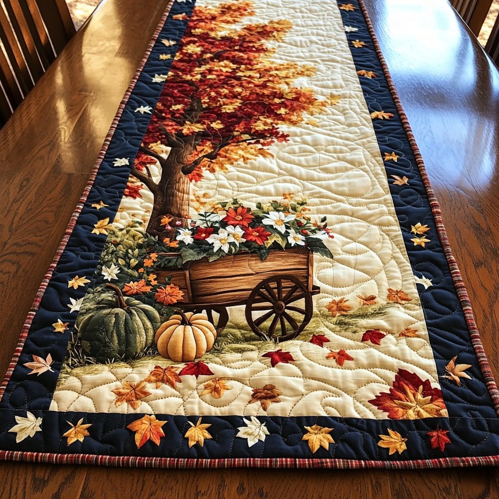 Garden Cart with Pumpkins and Flowers Table Runner
