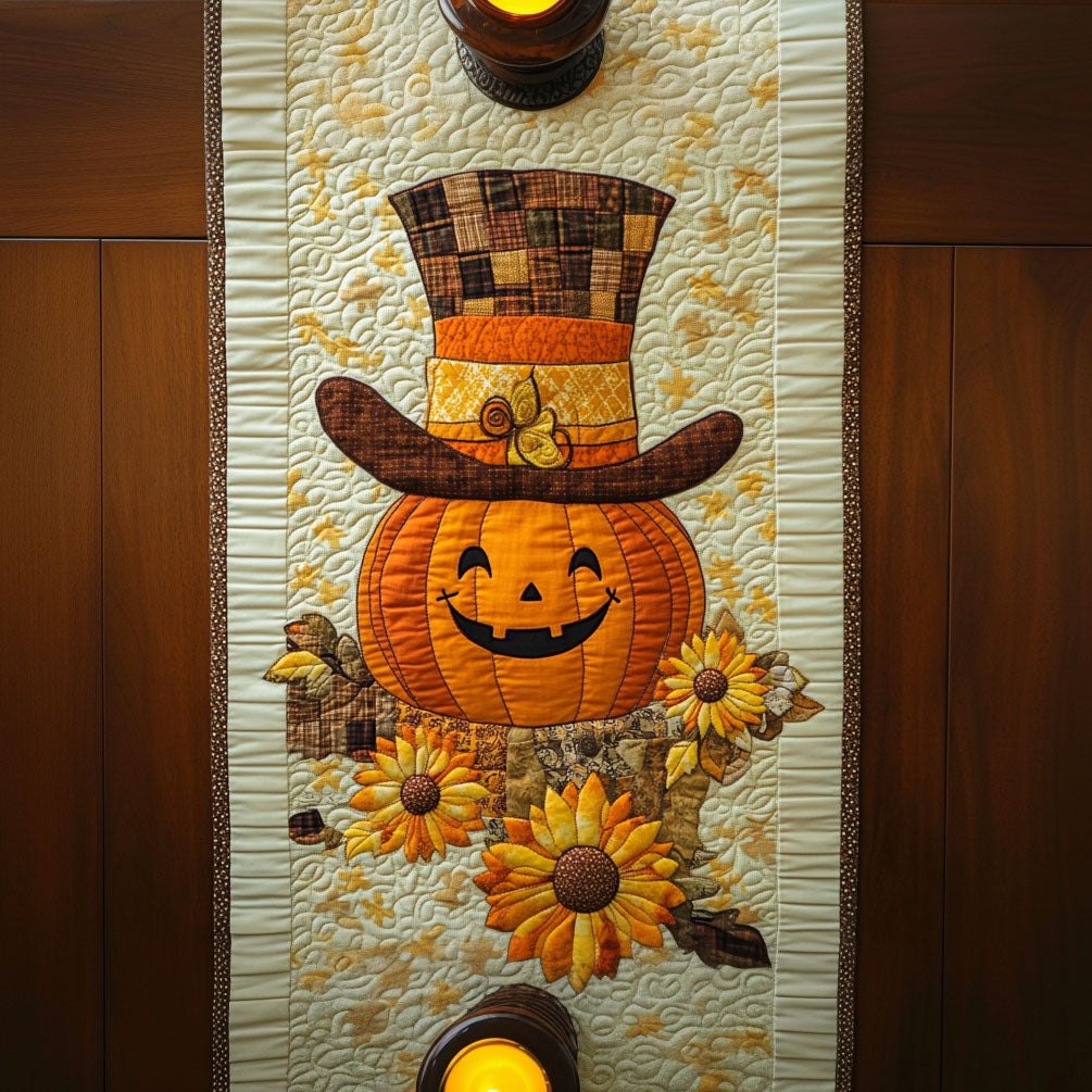 Pumpkin Scarecrow with Sunflowers Table Runner