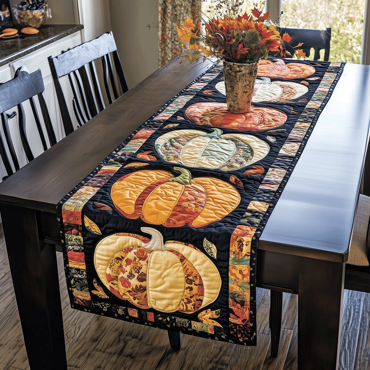 Pumpkins in Blocks on Black Table Runner