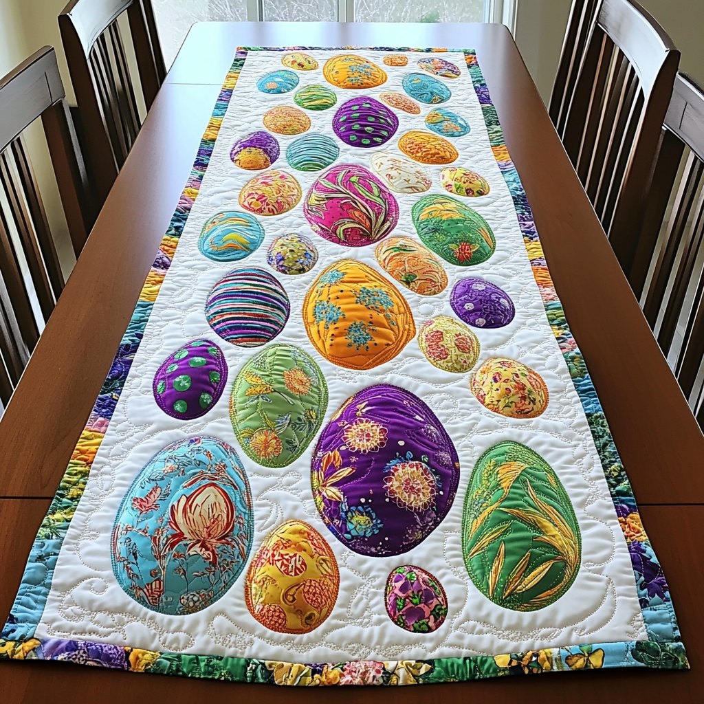 Festive Shells Colorful Eggs Scattered on Cream Table Runner