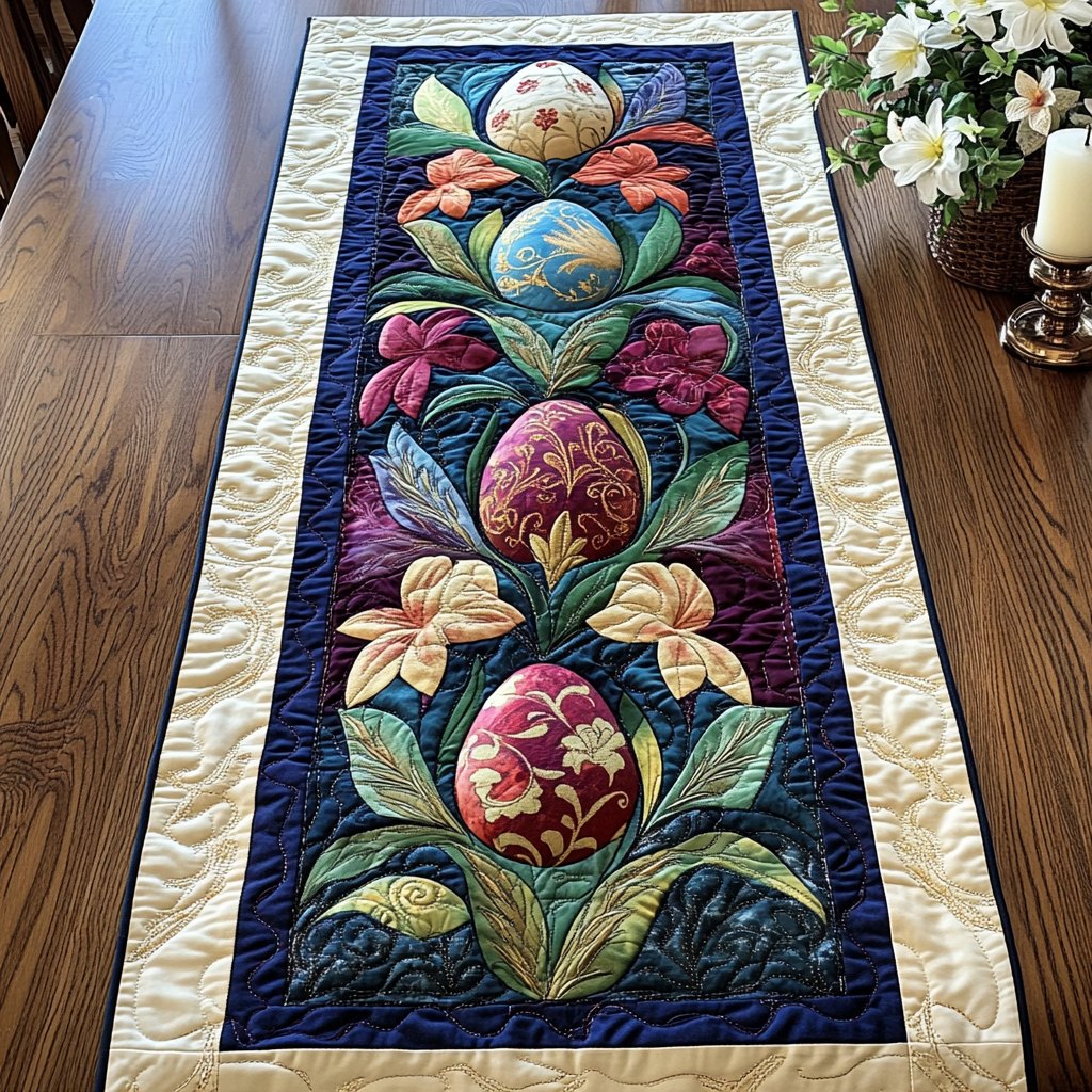 Folk Blooms and Eggs on Navy Table Runner