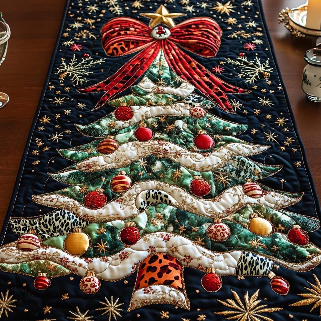 Decorated Tree with Garland on Navy Table Runner