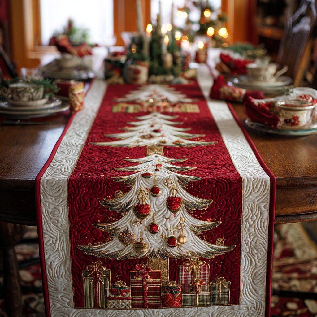 White Tree on Red with Gifts Table Runner