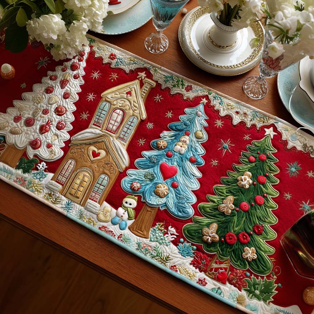 Christmas Houses and Trees on Red Table Runner