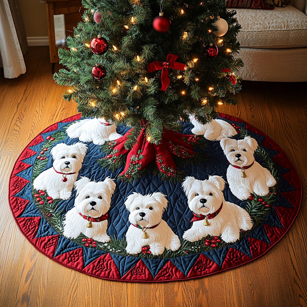 Westies in the Poinsettia Ring Christmas Tree Skirt