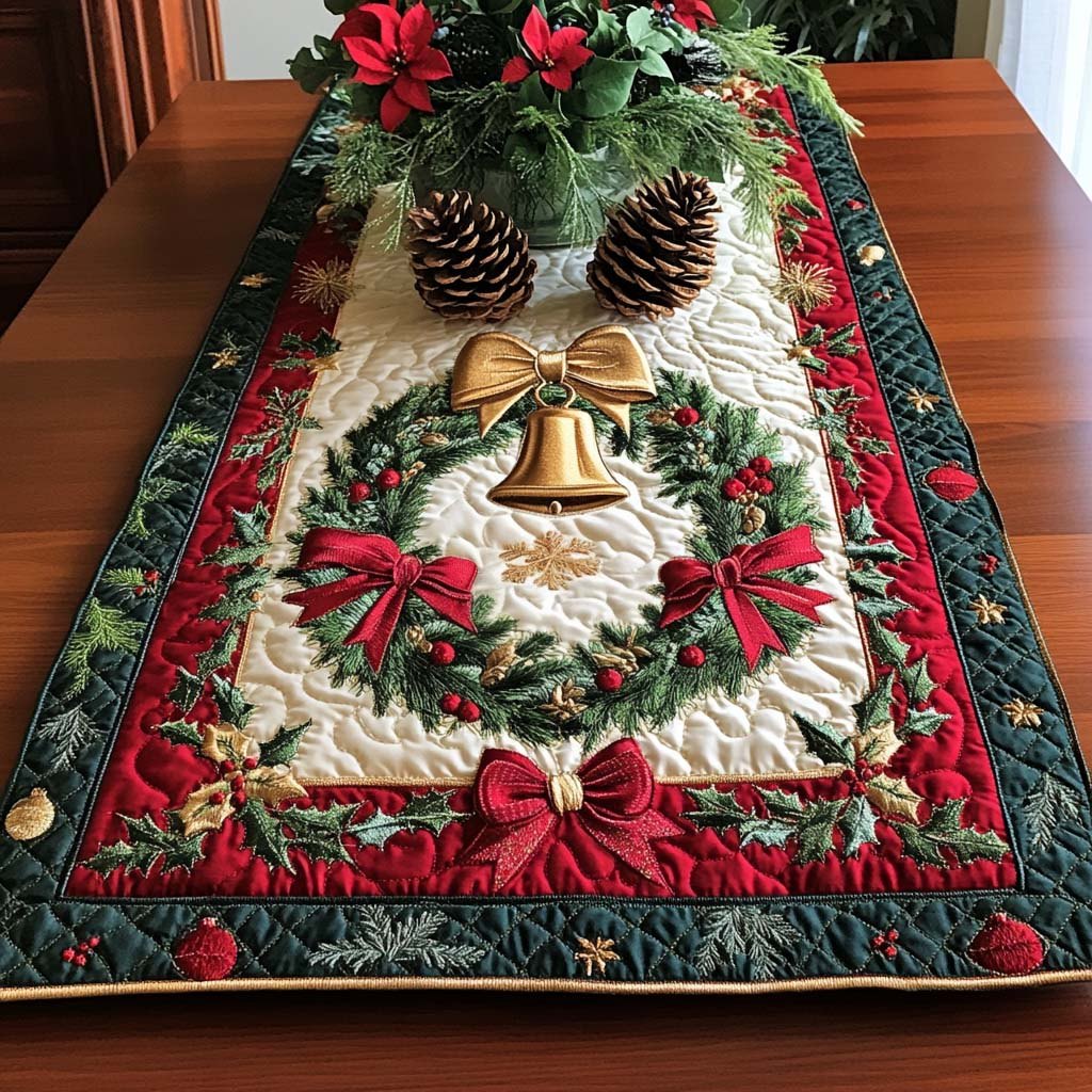 Wreath with Gold Bells and Red Bow Table Runner