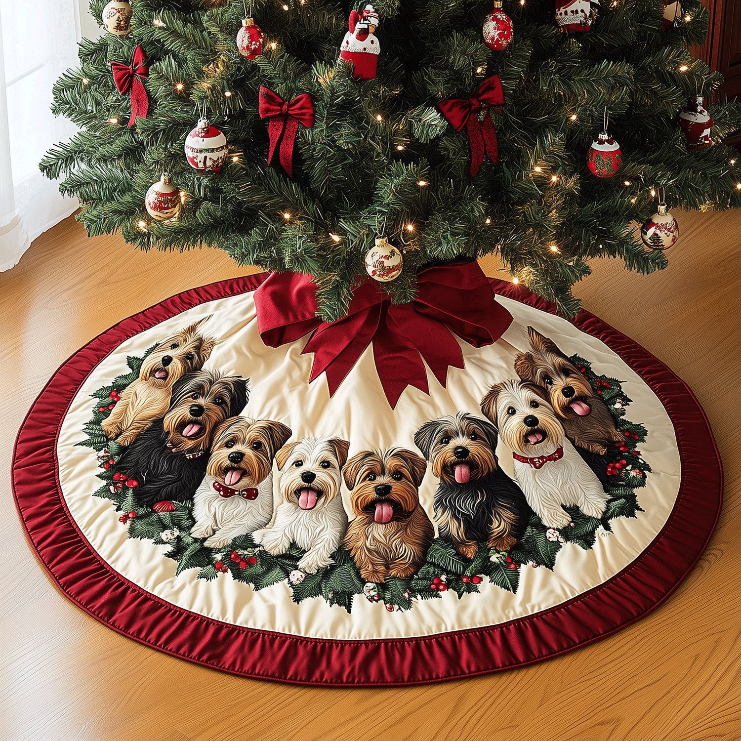 Festive Yorkie Circle Christmas Tree Skirt