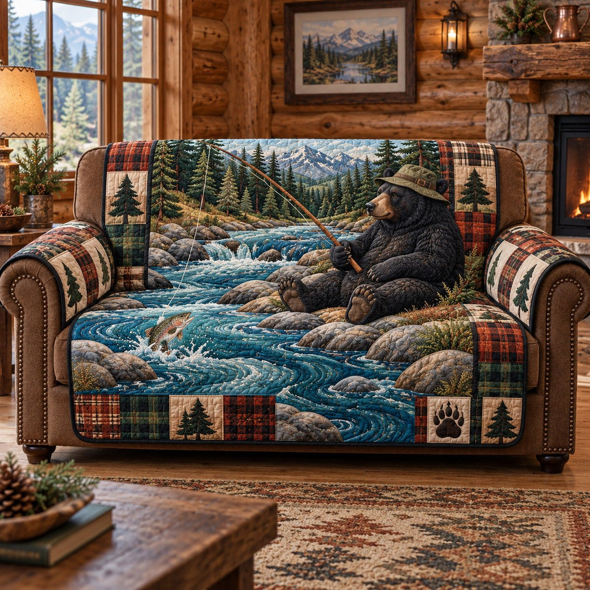 Fishing Black Bear Sofa Cover