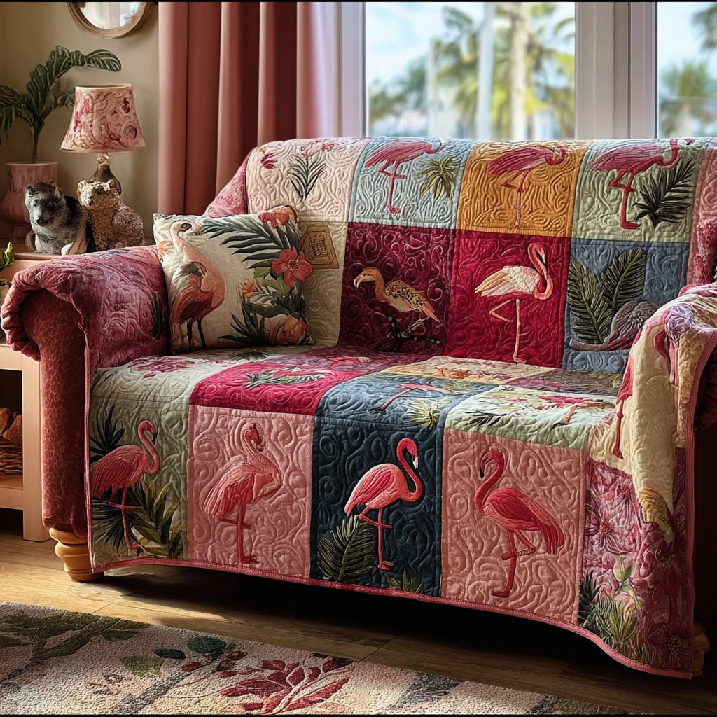 Flamingos in Pink Patchwork Blocks Sofa Cover