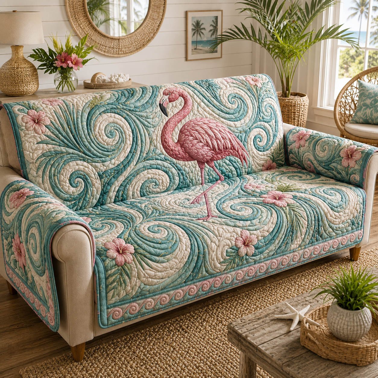 Flamingo on Swirling Teal Waves Sofa Cover