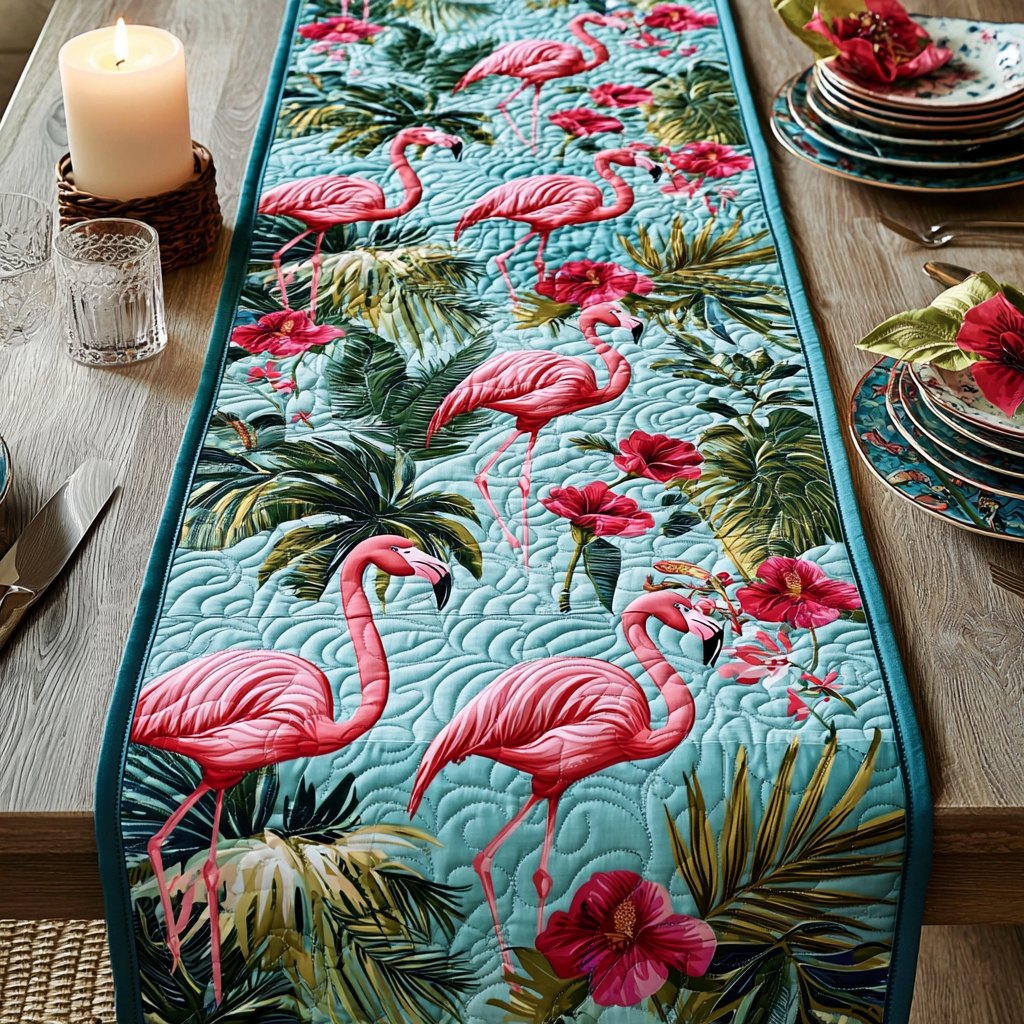 Flamingos Among Palms and Hibiscus Table Runner