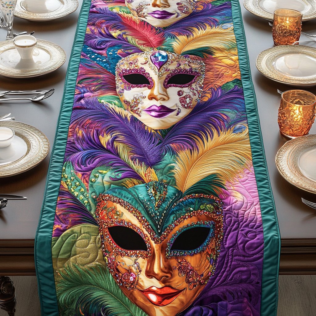 Masks with Purple and Green Feathers Table Runner
