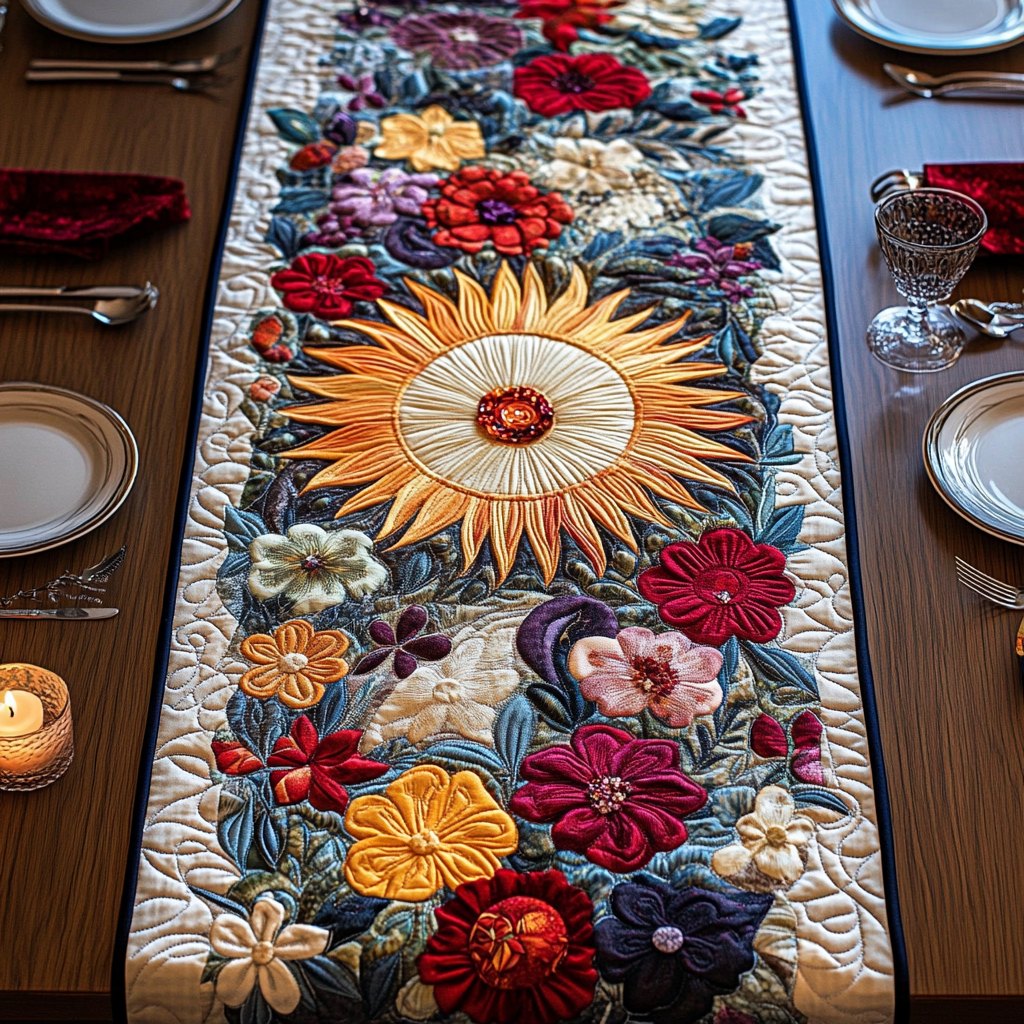 Sunflower with Bright Blooms on Navy Table Runner