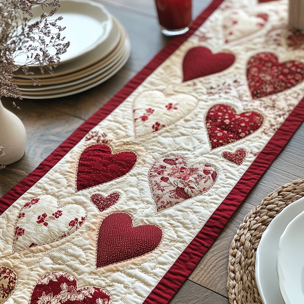 Red Hearts on Ivory with Red Border Table Runner