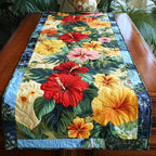 Red and Yellow Hibiscus on Blue Table Runner