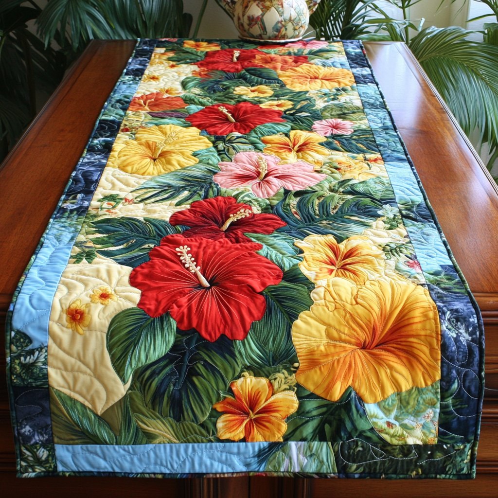 Red and Yellow Hibiscus on Blue Table Runner