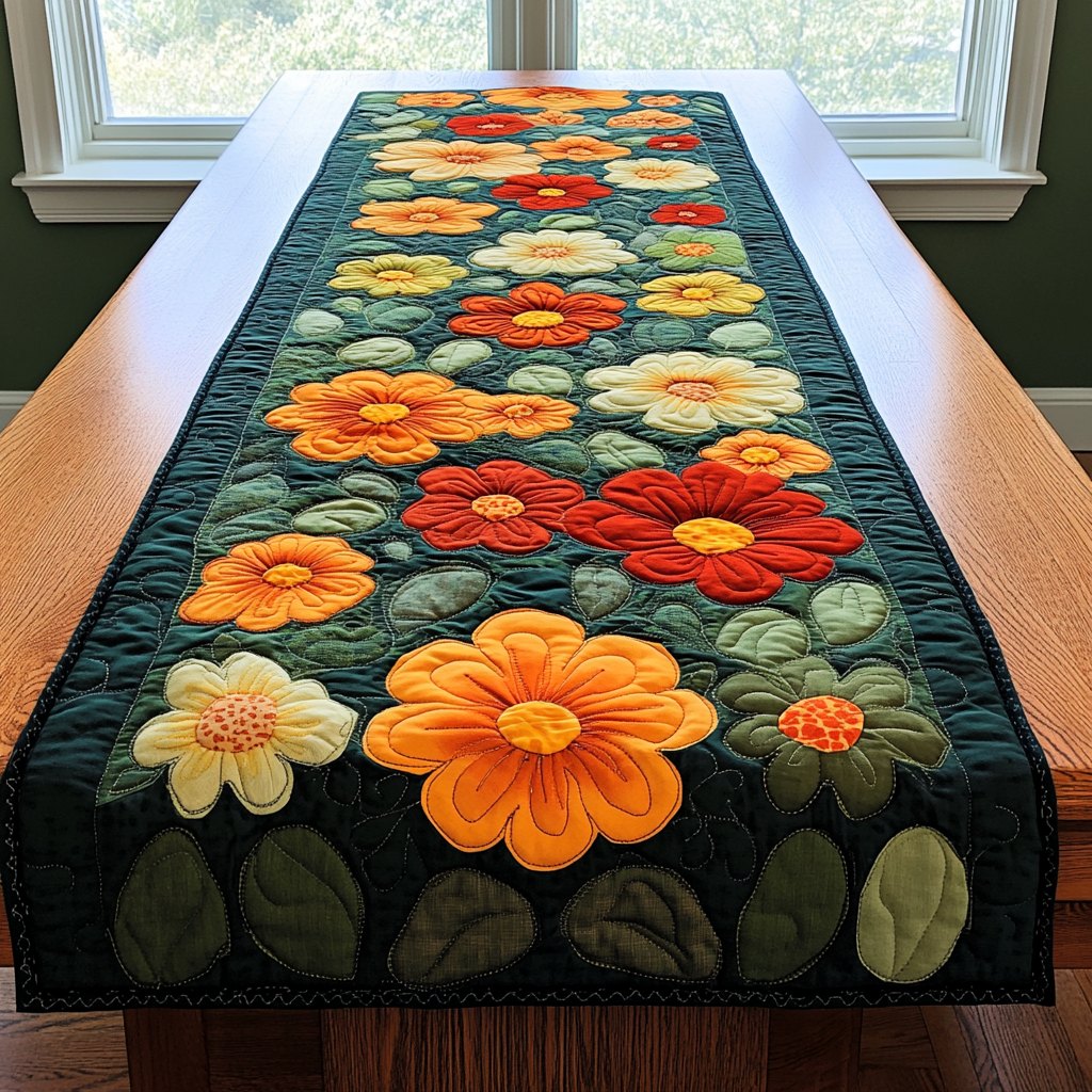 Orange Blossoms on Dark Green Table Runner