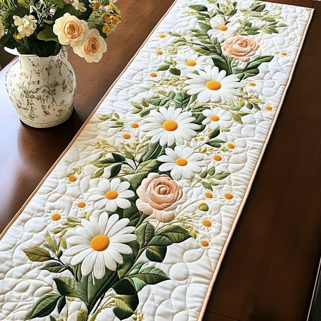White Daisies with a Cream Rose Table Runner