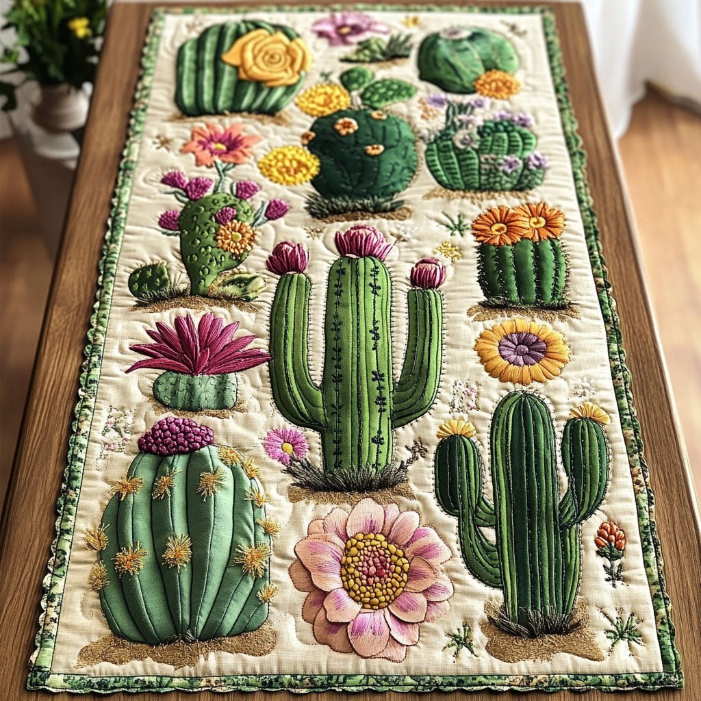 Cactus Row with Pink Flowers Table Runner