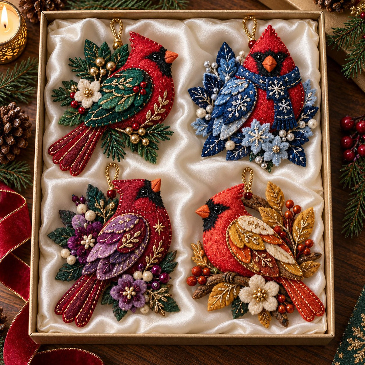 Floral Cardinal Ornament Gift Set