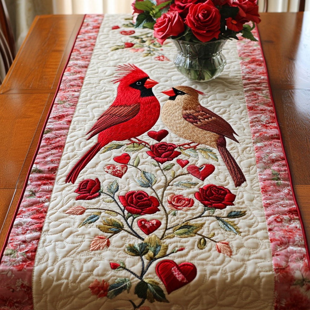 Cardinals with Red Roses and Hearts Table Runner