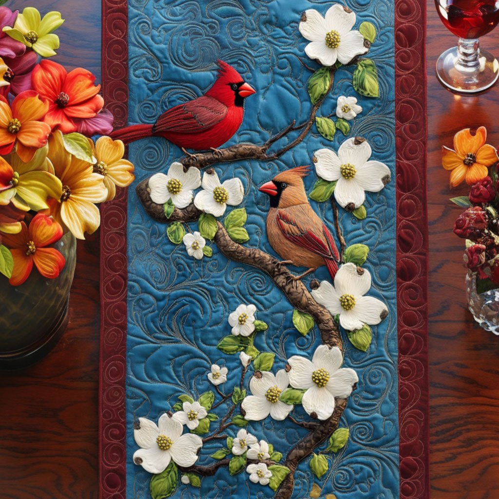 Cardinals on Dogwood with Blue Panel Table Runner