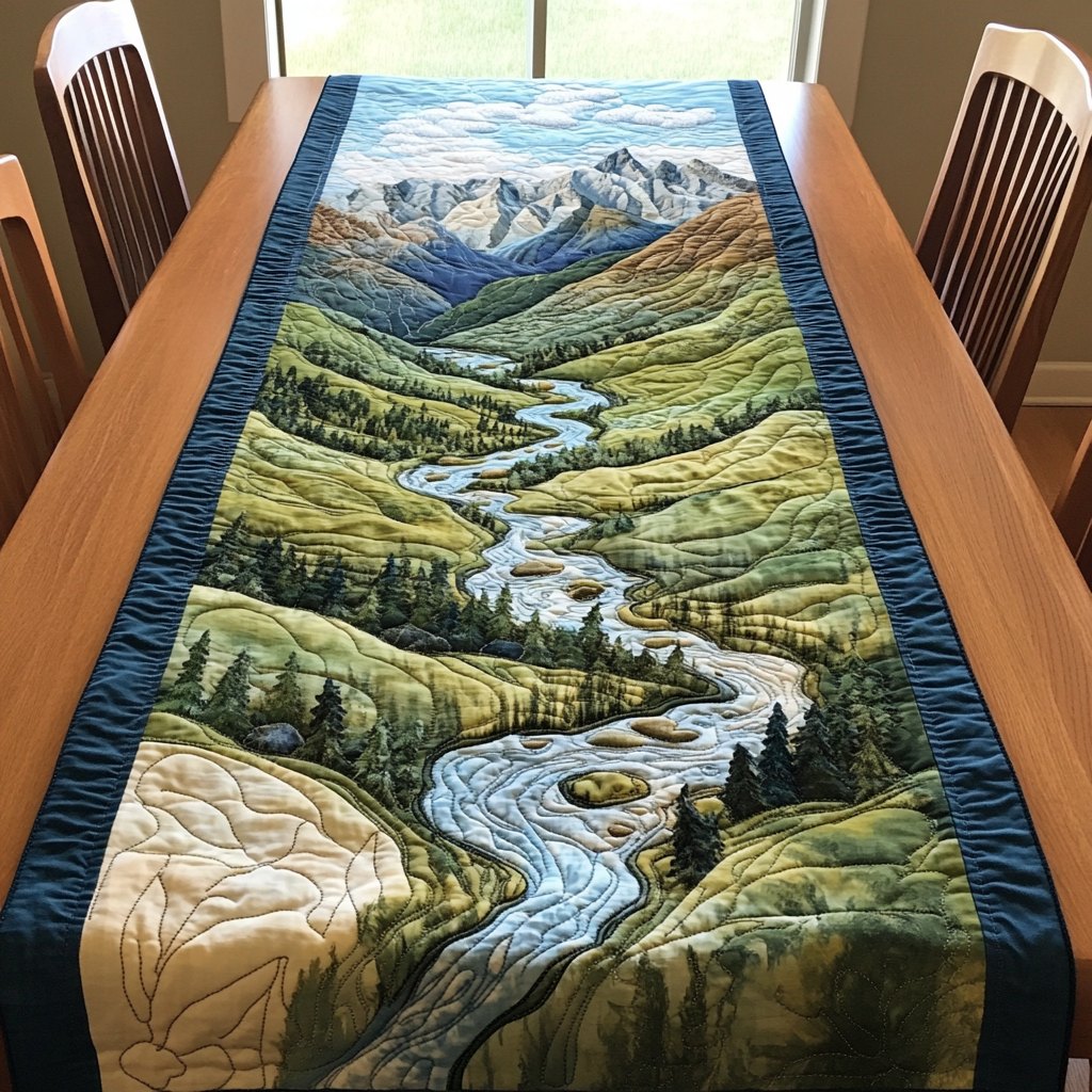 River Winding Through a Green Valley Table Runner