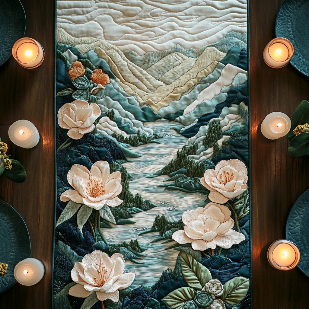 White Magnolias by a Mountain Stream Table Runner